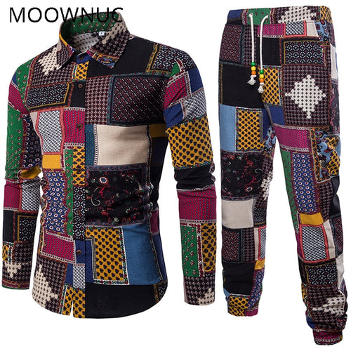 Men's Set Shirt + Trousers Two-piece Suite Ethnic costumes Fashion mens clothing Summer Casual Male Printing Dress Plus Size 5XL