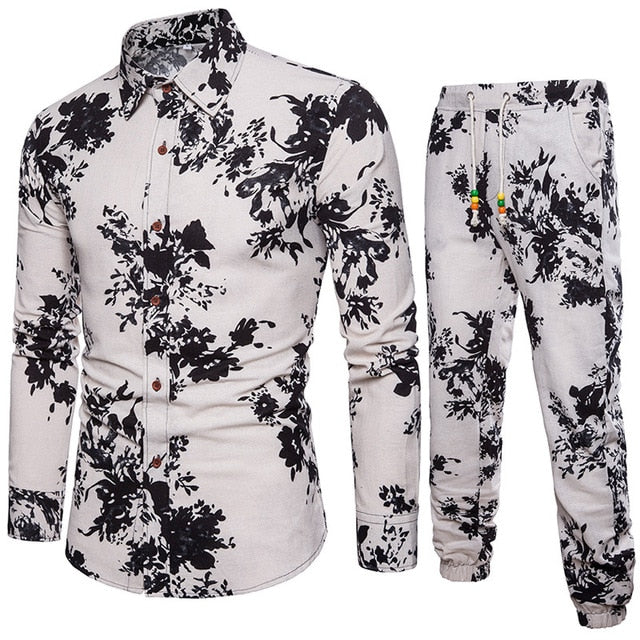 Men's Set Shirt + Trousers Two-piece Suite Ethnic costumes Fashion mens clothing Summer Casual Male Printing Dress Plus Size 5XL