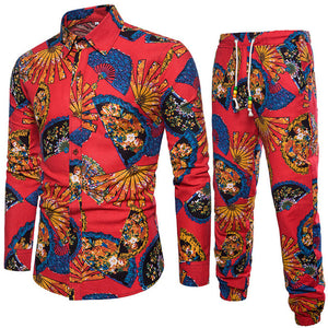 Men's Set Shirt + Trousers Two-piece Suite Ethnic costumes Fashion mens clothing Summer Casual Male Printing Dress Plus Size 5XL