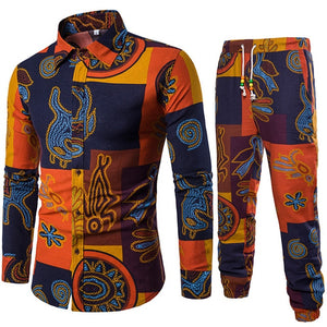 Men's Set Shirt + Trousers Two-piece Suite Ethnic costumes Fashion mens clothing Summer Casual Male Printing Dress Plus Size 5XL