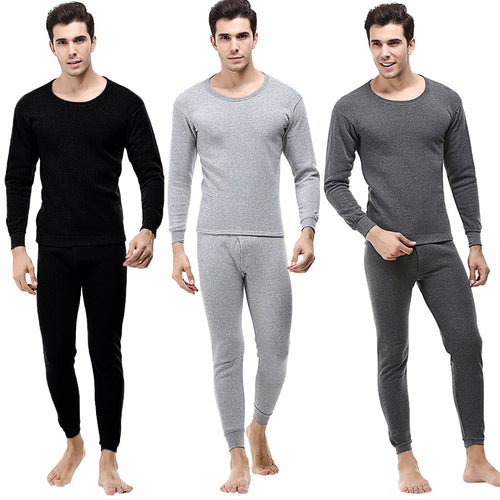 Men's Solid Winter Thermal Suit Circular Collar Pure Color Cashmere Long Sleeve Daily Underwear Set