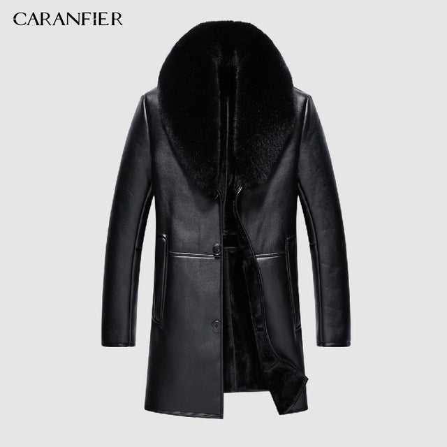 CARANFIER Faux Leather Jacket Mens Winter Velvet Thick Jacket Male Middle-aged Leather Fur Collar Detachable Men Clothing 4xL