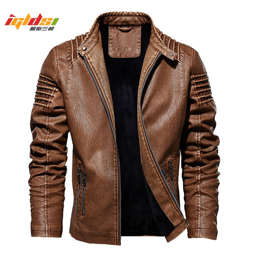 Men's Winter Leather Jacket Motorcycle Biker PU Leather Coats Male Outerwear Fashion Warm Thicken Faux Wool Liner Jacket M-5XL