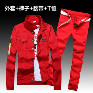 Fashion Men's Denim Coat Pants Slim Fit Holes Jacket Trousers Set 2pcs Casual Spring Autumn Outwear Clothes Men E10