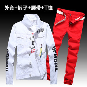 Fashion Men's Denim Coat Pants Slim Fit Holes Jacket Trousers Set 2pcs Casual Spring Autumn Outwear Clothes Men E10