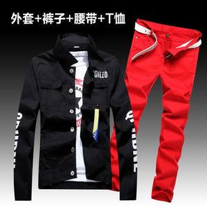 Fashion Men's Denim Coat Pants Slim Fit Holes Jacket Trousers Set 2pcs Casual Spring Autumn Outwear Clothes Men E10