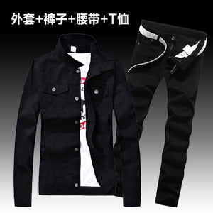 Fashion Men's Denim Coat Pants Slim Fit Holes Jacket Trousers Set 2pcs Casual Spring Autumn Outwear Clothes Men E10