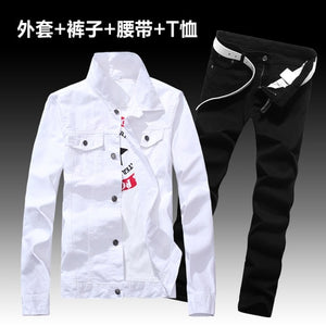 Fashion Men's Denim Coat Pants Slim Fit Holes Jacket Trousers Set 2pcs Casual Spring Autumn Outwear Clothes Men E10