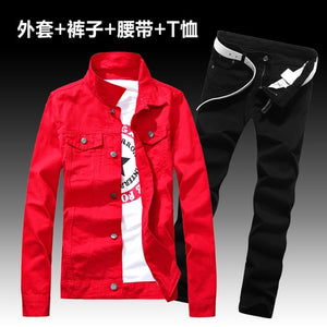 Fashion Men's Denim Coat Pants Slim Fit Holes Jacket Trousers Set 2pcs Casual Spring Autumn Outwear Clothes Men E10