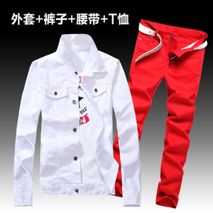 Fashion Men's Denim Coat Pants Slim Fit Holes Jacket Trousers Set 2pcs Casual Spring Autumn Outwear Clothes Men E10