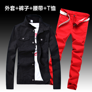 Fashion Men's Denim Coat Pants Slim Fit Holes Jacket Trousers Set 2pcs Casual Spring Autumn Outwear Clothes Men E10