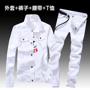 Fashion Men's Denim Coat Pants Slim Fit Holes Jacket Trousers Set 2pcs Casual Spring Autumn Outwear Clothes Men E10