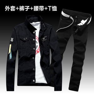 Fashion Men's Denim Coat Pants Slim Fit Holes Jacket Trousers Set 2pcs Casual Spring Autumn Outwear Clothes Men E10