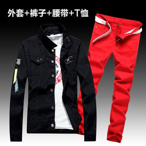 Fashion Men's Denim Coat Pants Slim Fit Holes Jacket Trousers Set 2pcs Casual Spring Autumn Outwear Clothes Men E10