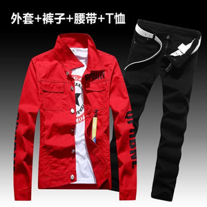 Fashion Men's Denim Coat Pants Slim Fit Holes Jacket Trousers Set 2pcs Casual Spring Autumn Outwear Clothes Men E10