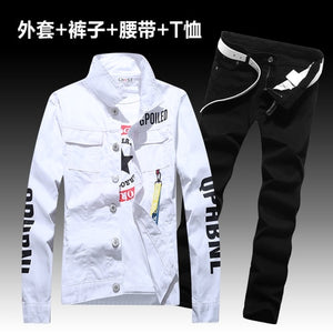 Fashion Men's Denim Coat Pants Slim Fit Holes Jacket Trousers Set 2pcs Casual Spring Autumn Outwear Clothes Men E10